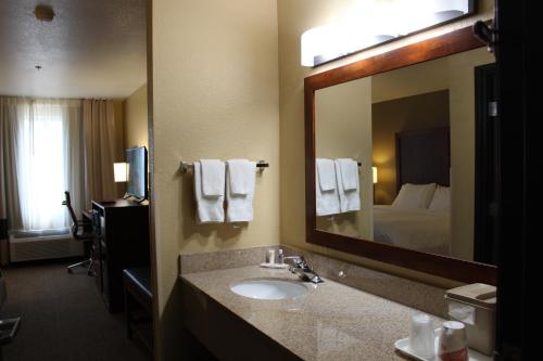 ein Badezimmer mit einem Waschbecken und einem großen Spiegel in der Unterkunft Comfort Inn Green Valley I-19 in Green Valley