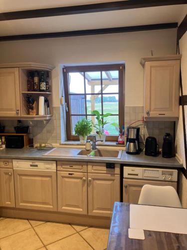 kuchnia ze zlewem i oknem w obiekcie Auszeit im Privatzimmer an den Salzwiesen mit gemeinsamer Küche und Eingang w mieście Wyspa Poel