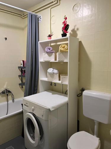 La salle de bains est pourvue d'un lave-linge et de toilettes. dans l'établissement Apartment T&M Zagreb Airport, à Velika Gorica