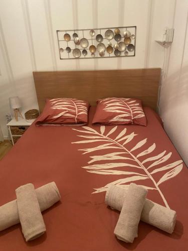 een bed met twee kussens en twee handdoeken erop bij Appartement TETHYS in Sète
