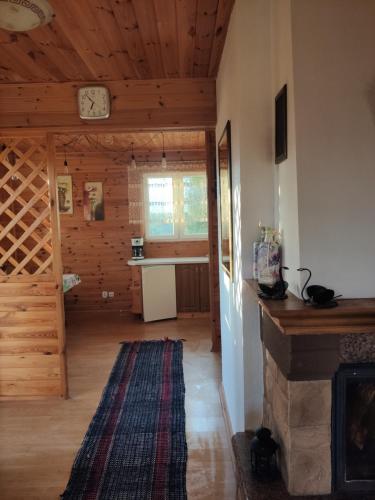 ein Wohnzimmer mit einem Kamin und einer Uhr an der Wand in der Unterkunft Domek nad jeziorem in Suwałki