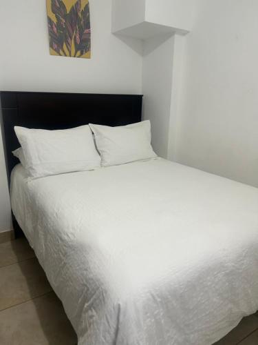 Bett mit weißer Bettwäsche und Kissen in einem Zimmer in der Unterkunft Ica tierra del sol eterno 1 in Ica
