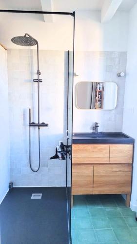 La salle de bains est pourvue d'une douche et d'un lavabo bleu. dans l'établissement Villa Serre, à Marseille