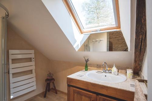 uma casa de banho com um lavatório e uma clarabóia em Domaine Moulin de Boiscorde 1h45 Paris em Rémalard