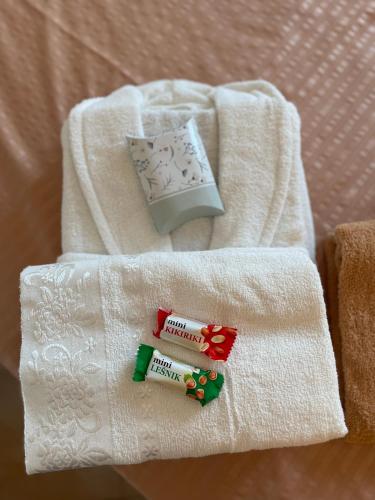 a white towel with two toothbrushes and a book at Villy Apartments Dobra Voda in Bar