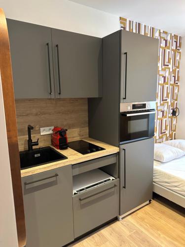 a small kitchen with a sink and a refrigerator at Coeur vieille ville in Annecy