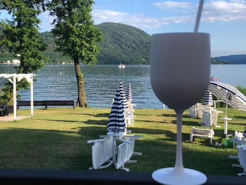 una copa de vino sentada en el césped junto a un lago en Sprio House, en Omegna
