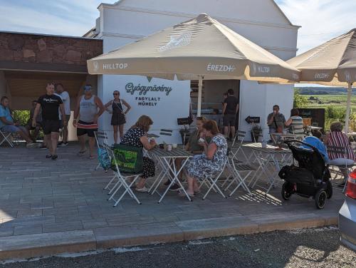 a group of people sitting at tables under an umbrella at ZÁNKAPU -Hotel for You- Adult & Bike Friendly 3-Room B&B with Local Wine, Terrace & Káli-medence Experience in Zánka