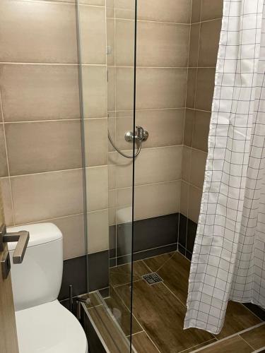 een badkamer met een toilet en een glazen douche bij Penzión Stratenka in Stratená