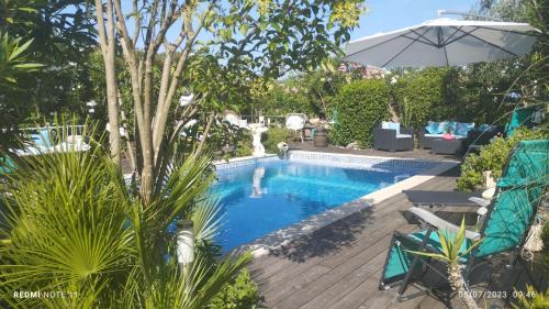 - une piscine avec un parasol et quelques plantes dans l'établissement Villa embuscade, à Pierrefeu-du-Var