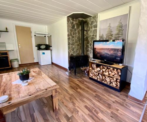a living room with a television and a wooden floor at Rustic Haven Bed and Breakfast 2km from Klarälvsbanan and Swimming area in Munkfors