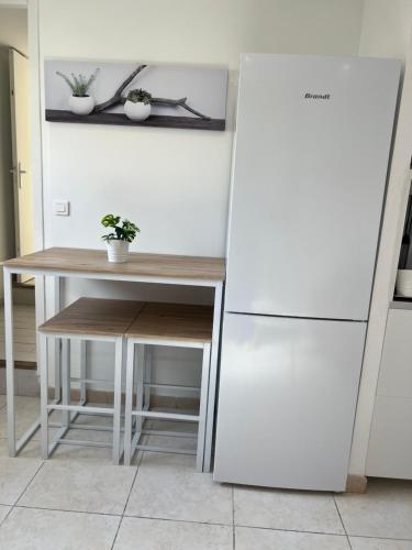 une cuisine avec une table et un réfrigérateur dans l'établissement Appartement la pointe rouge bord de mer, à Marseille