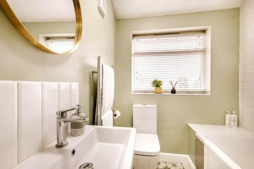 ein Badezimmer mit einem Waschbecken, einem WC und einem Spiegel in der Unterkunft Austin Terrace in Gorleston-on-Sea