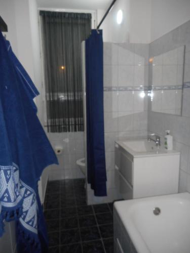 a bathroom with a blue shower curtain and a sink at Green Apartman Salgótarján in Salgótarján