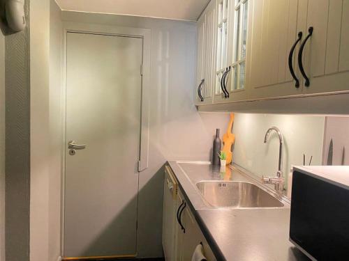 uma cozinha com um lavatório e uma porta de vidro em Martin Barstads veg 3b em Trondheim