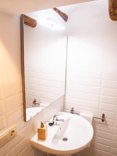 a bathroom with a sink and a large mirror at Cal Vientos in Paúls