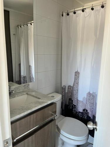 卡拉馬的住宿－Edificio Concepto，浴室设有卫生间、水槽和淋浴帘
