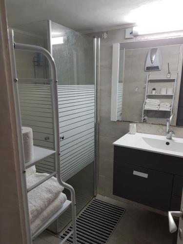 uma casa de banho com um chuveiro, um lavatório e um espelho. em Bella Vista in Haifa em Haifa