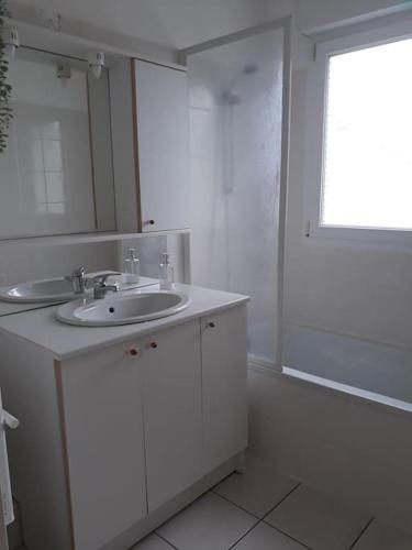 une salle de bain blanche avec un lavabo et un miroir dans l'établissement Appartement au RDC avec jardin clos, au calme., à Saint-Aubin-du-Cormier