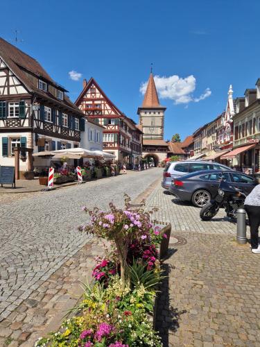 a cobblestone street in a town with buildings and flowers at Ferienwohnung Blumenfeld in Gengenbach