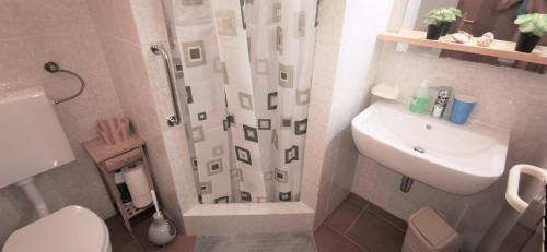 y baño con ducha, aseo y lavamanos. en Apartments Ritoša, en Izola