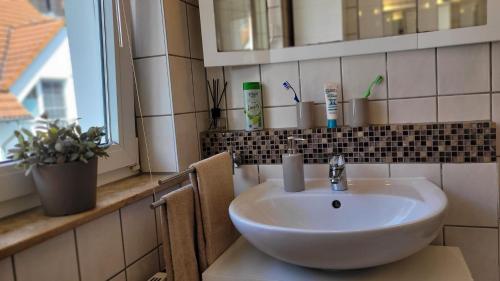 a bathroom with a white sink and a mirror at Berlin-Oase - schnuckelige Ferienwohnung an der Grenze zu Berlin in Schönefeld