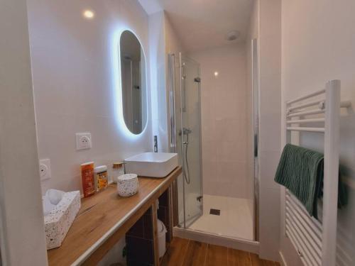 a bathroom with a sink and a shower with a mirror at L'Eucalyptus - Centre ville - Terrasse in Pontivy