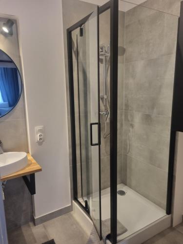 een douche met een glazen deur in de badkamer bij Brainy Apartments - North in Bydgoszcz
