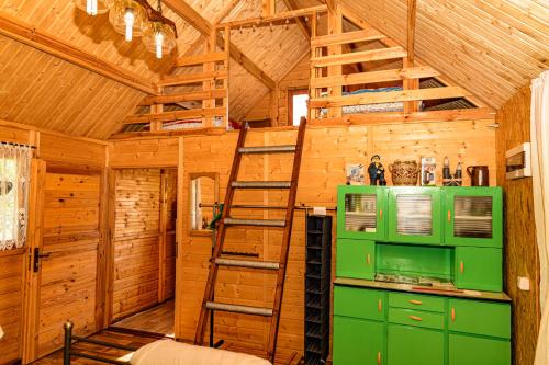 a green refrigerator and ladder in a wooden cabin at domek na Mazurach in Gołdap