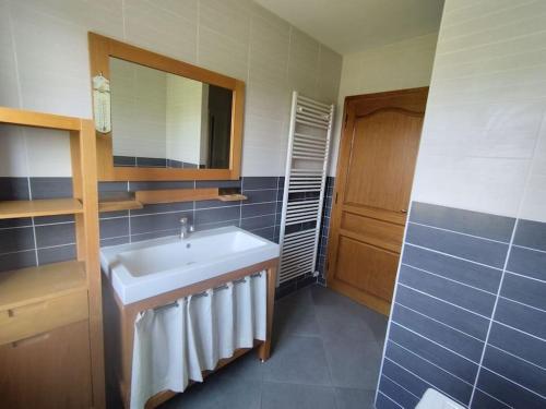 uma casa de banho com um lavatório e um espelho em Maison récente en pleine nature em Steenbecque