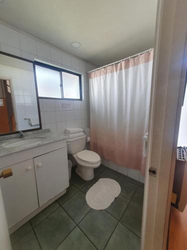 a bathroom with a toilet and a sink and a window at Hostería Valle Verde 