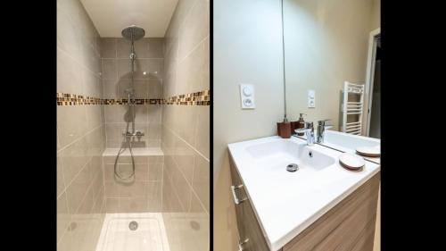 - deux photos d'une salle de bains avec un lavabo et une douche dans l'établissement L'incognito - Romantisme - Vin - Jacuzzi, à Saumur