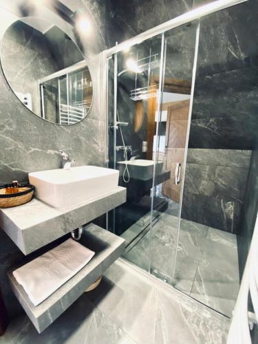 a bathroom with a sink and a shower and a mirror at Willa Koszysta in Bukowina Tatrzańska