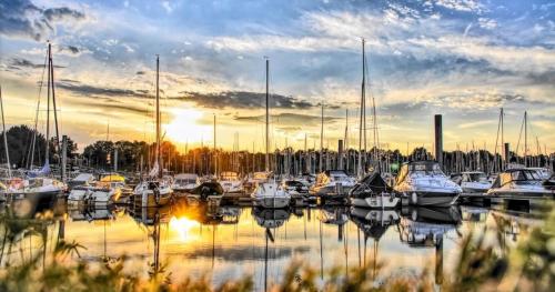 a group of boats docked in a marina at sunset at Ons Maashuisje in Maaseik