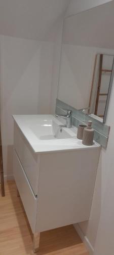 une salle de bain avec un lavabo blanc et un miroir dans l'établissement Gîte La Belle étoile - Paray-le-Monial, à Paray-le-Monial