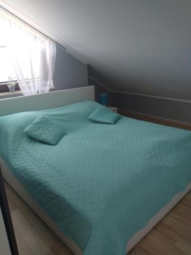 弗瓦迪斯瓦沃沃的住宿－Apartament Limonka，一间卧室设有一张带窗户的绿色床