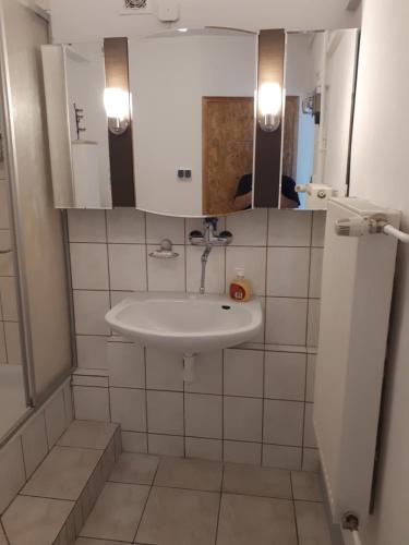 a small bathroom with a sink and a mirror at Mieszkanie nad Szeszupą 16-406 Rutka-Tartak ul, 3 go Maja 1 in Rutka Tartak