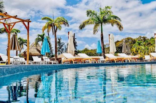 a swimming pool with chairs and umbrellas and palm trees at TOUMALACAÏ Appart 245 in Folle Anse