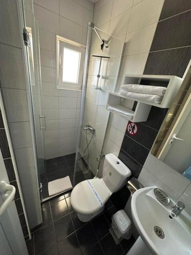 a bathroom with a shower and a toilet and a sink at Villa Jankuloski in Ohrid