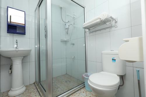 a bathroom with a shower and a toilet and a sink at Tropical Plaza Apt in Nadi