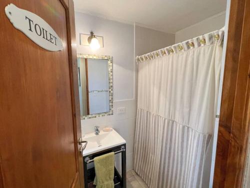 a bathroom with a sink and a shower curtain at chacras del paraíso. in Tandil