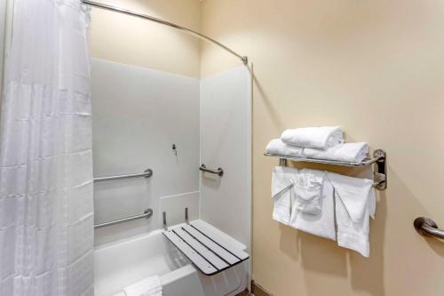 布萊斯維爾的住宿－布萊斯維爾康福特茵酒店及套房，带淋浴和白色毛巾的浴室