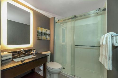 La salle de bains est pourvue d'une douche, de toilettes et d'un lavabo. dans l'établissement Comfort Inn, à Charlottetown