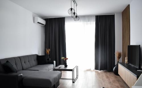un salon avec un canapé et une télévision dans l'établissement Sunset view Armoniei Apartament, à Timişoara