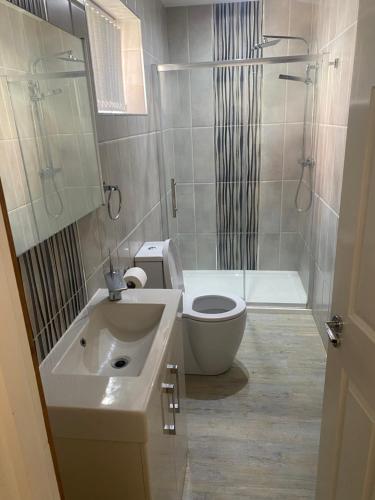 a bathroom with a sink and a toilet and a shower at Pure luxury APT2 in Wolverhampton