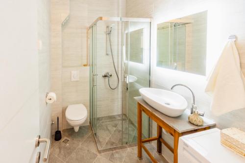 a bathroom with a shower and a sink and a toilet at White Apartment in Kumbor