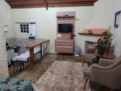 a living room with a television and a fireplace at Pousada Recanto João de Barro in Cunha