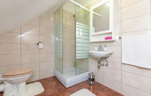 een badkamer met een douche, een toilet en een wastafel bij NEW! Authentic Stone House In National Park Krka in Puljane