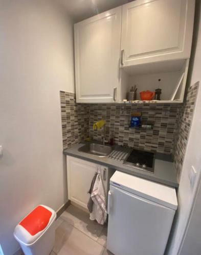 une petite cuisine avec des armoires blanches et un évier dans l'établissement Small studio near Eiffel Tower, à Paris