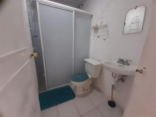 La salle de bains est pourvue d'une douche, de toilettes et d'un lavabo. dans l'établissement Departamento agradable con la mejor vista al cerro, à Tehuacán